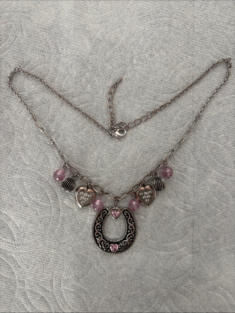 Silver-Tone Necklace with Pink Crystal Hearts and Pendant